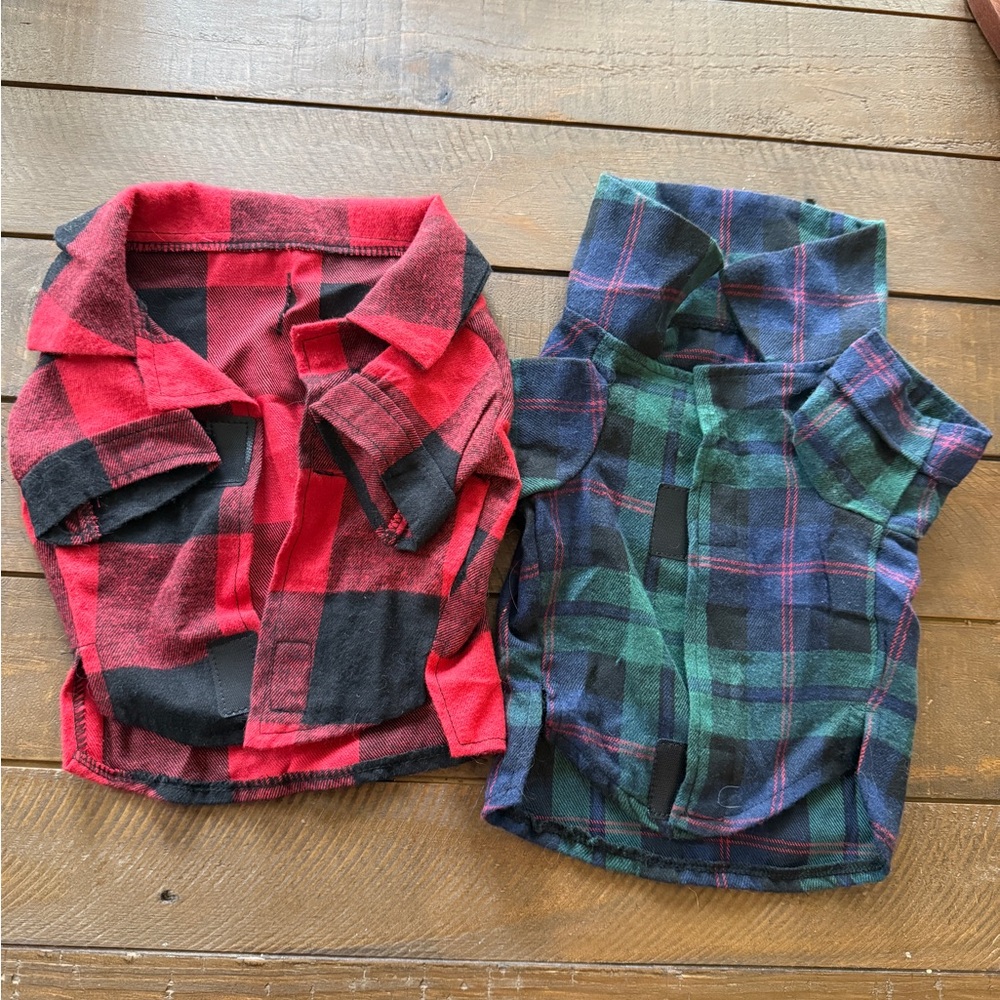 Set of 2 Pet Plaid Flannel Shirt - Red & Green - Size Small